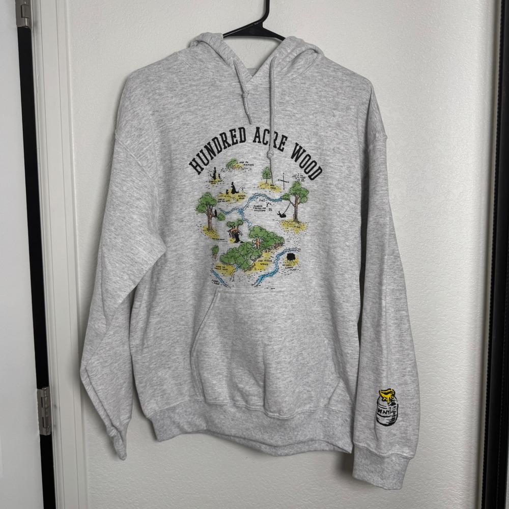 Disney Winnie the Pooh Hoodie Medium Gray Hundred Acre Wood Map Graphic Pullover